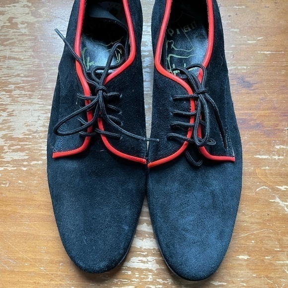 Hoi An Shoes - Adorable Black Suede Ankle Shoes with Neon Coral Highlights
